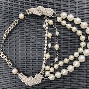 Pearl Multi-Strand Necklace - Ivory Pearls with Silver Chain